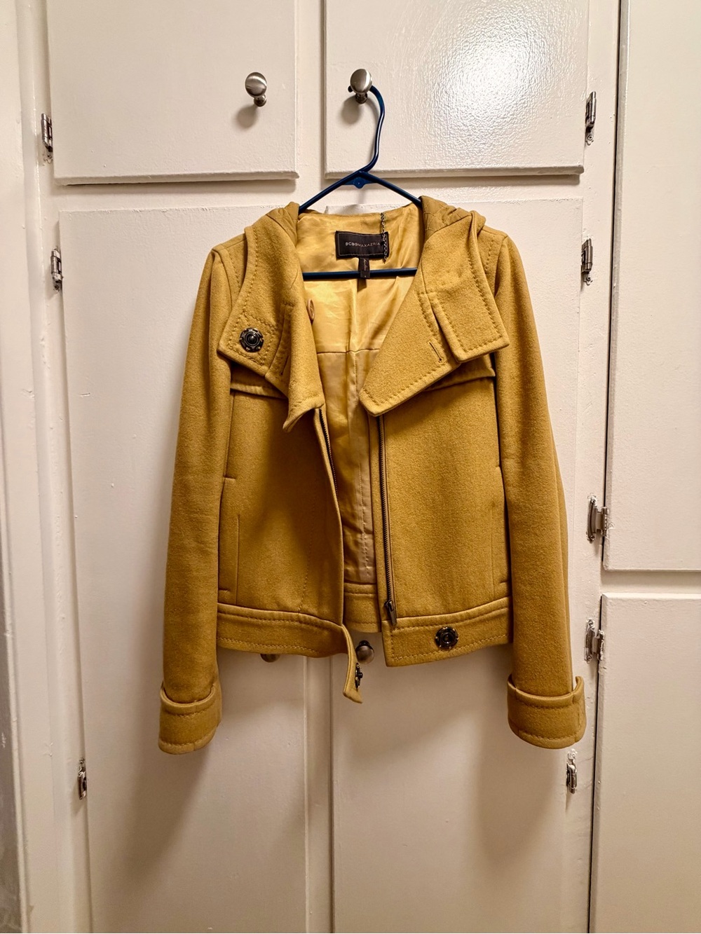 BCBGMaxAzria Mustard Yellow Hooded Pea Coat